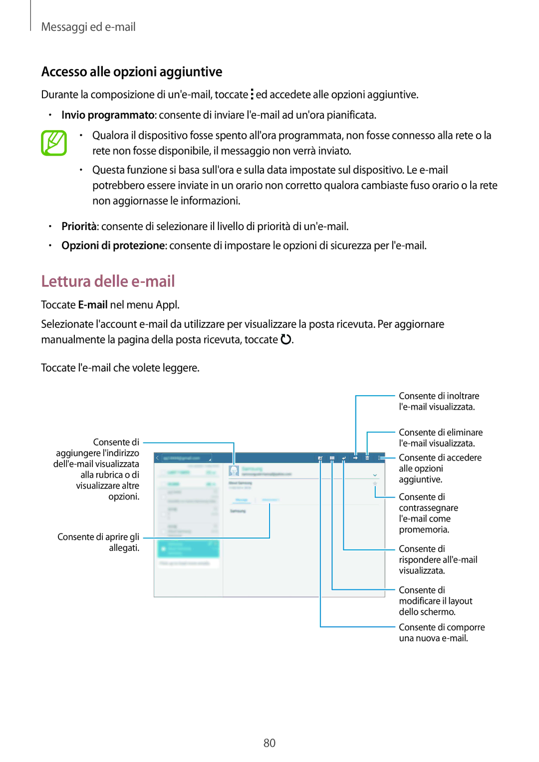 Samsung SM-T805NZWAITV, SM-T805NZWAXEO, SM-T805NTSAITV, SM-T805NZWAHUI Lettura delle e-mail, Accesso alle opzioni aggiuntive 