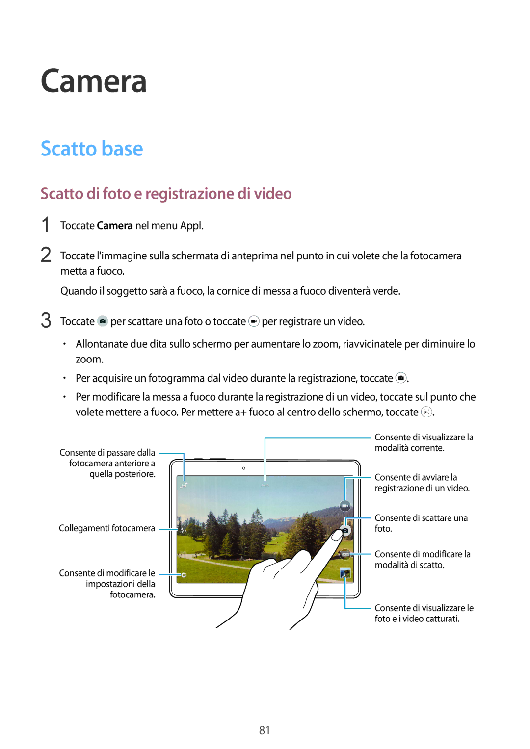 Samsung SM-T805NZWAHUI, SM-T805NZWAXEO, SM-T805NTSAITV manual Camera, Scatto base, Scatto di foto e registrazione di video 