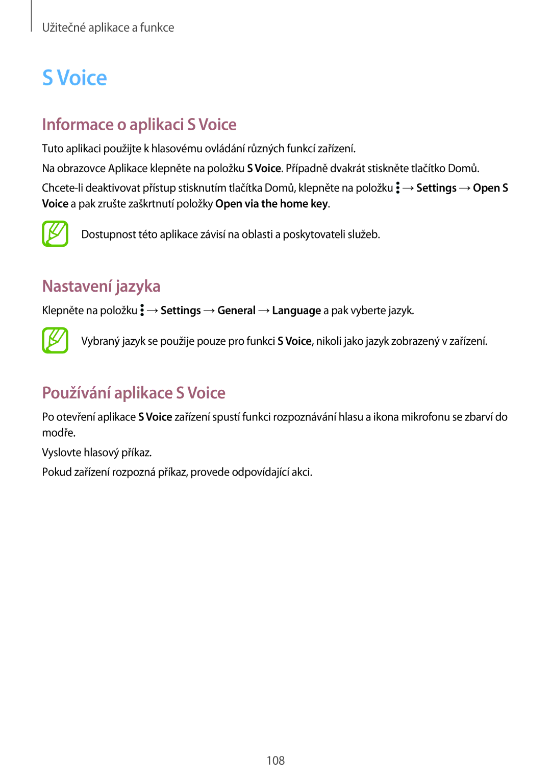 Samsung SM-T805NTSAXEO, SM-T805NZWAXEO manual Informace o aplikaci S Voice, Nastavení jazyka, Používání aplikace S Voice 