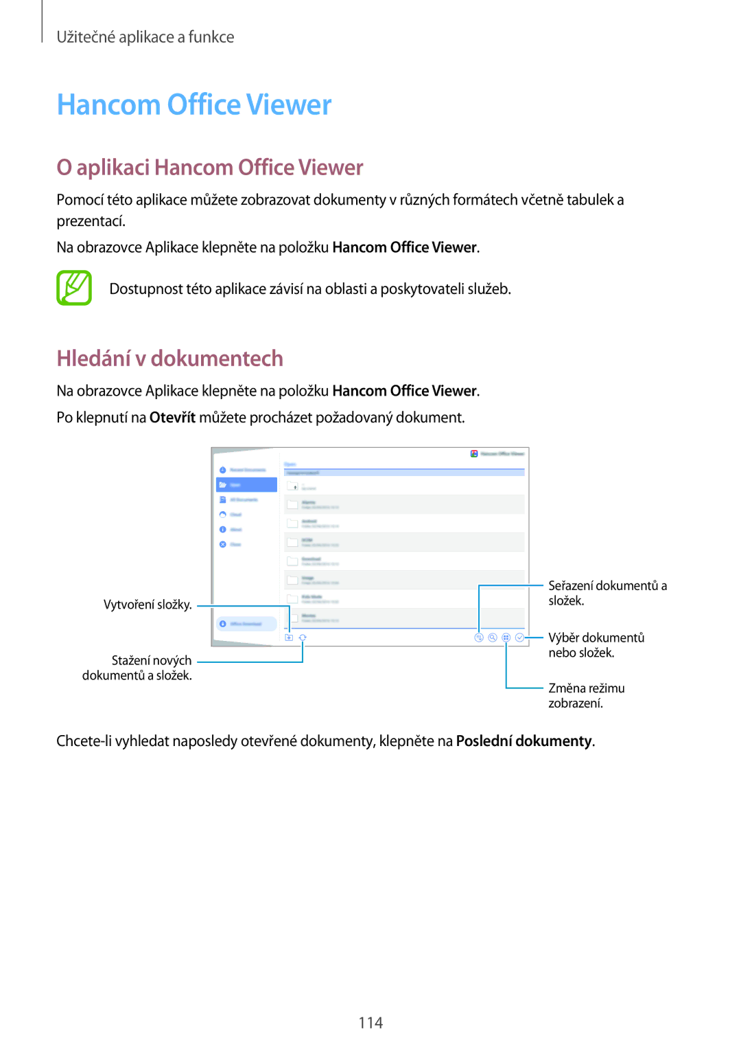 Samsung SM-T805NTSAATO, SM-T805NZWAXEO, SM-T805NZWAATO manual Aplikaci Hancom Office Viewer, Hledání v dokumentech 