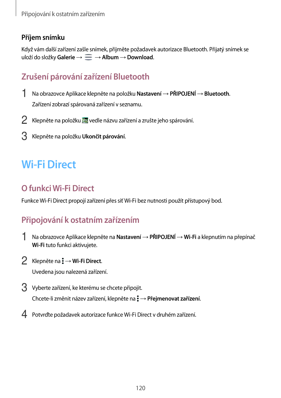 Samsung SM-T705NTSAXEO Zrušení párování zařízení Bluetooth, Funkci Wi-Fi Direct, Připojování k ostatním zařízením 