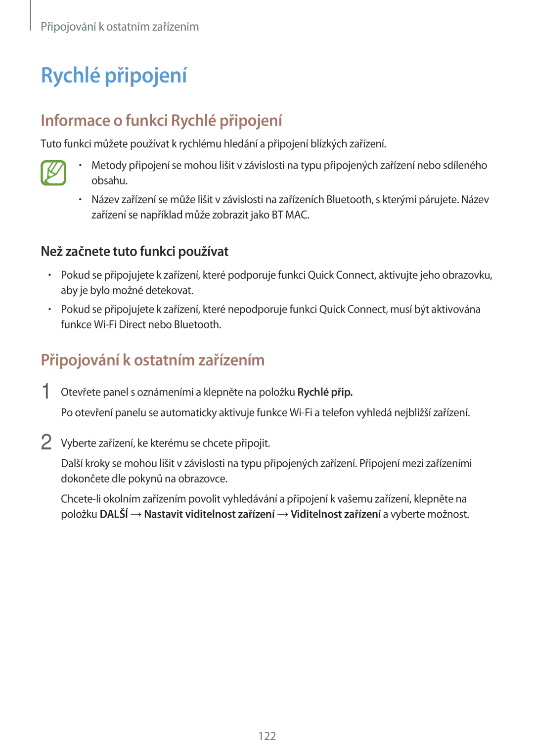 Samsung SM-T805NTSASWC, SM-T805NZWAXEO manual Informace o funkci Rychlé připojení, Než začnete tuto funkci používat 