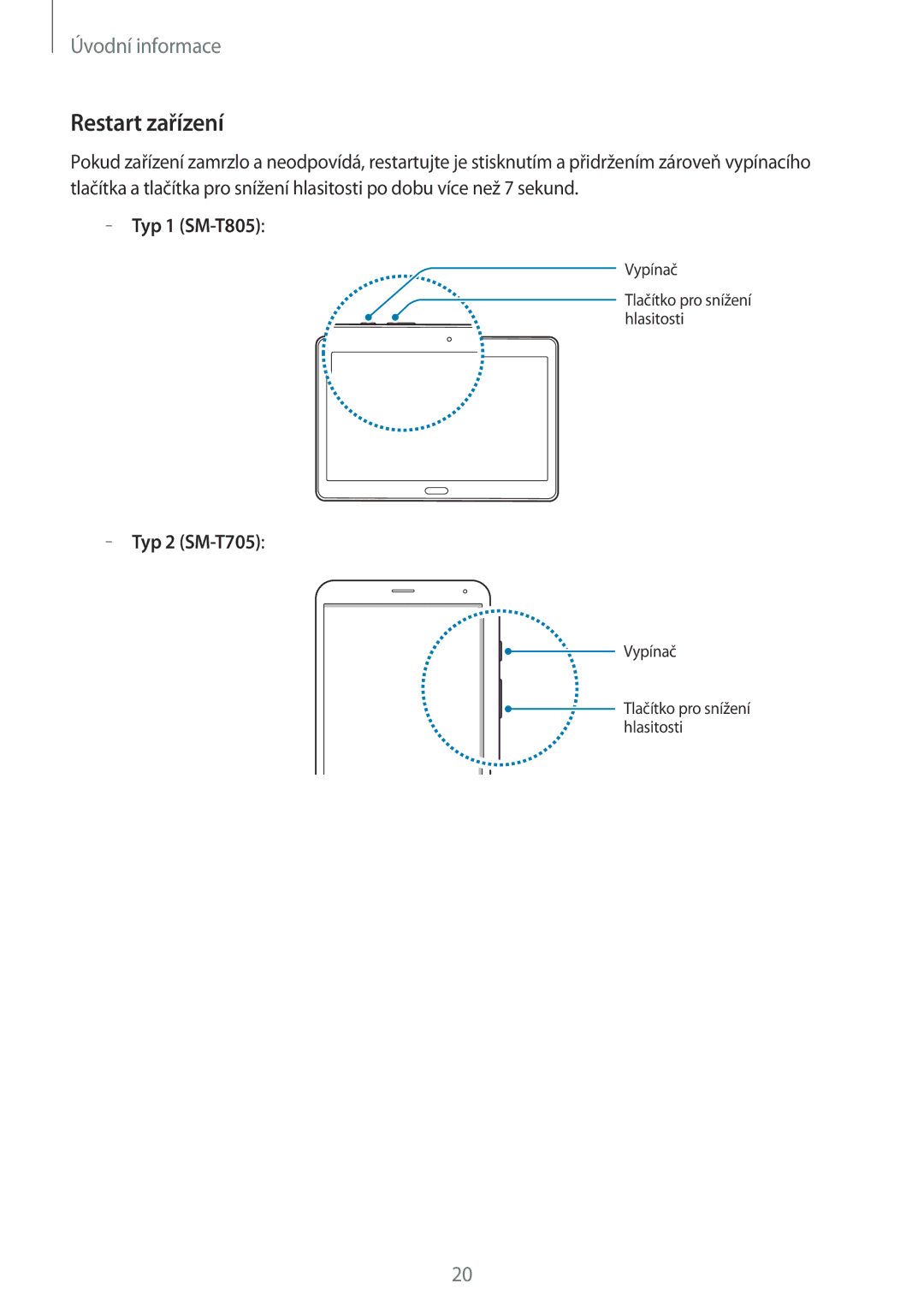 Samsung SM-T805NTSAXSK, SM-T805NZWAXEO, SM-T805NZWAATO, SM-T805NTSAATO, SM-T705NZWAATO manual Restart zařízení, Typ 1 SM-T805 