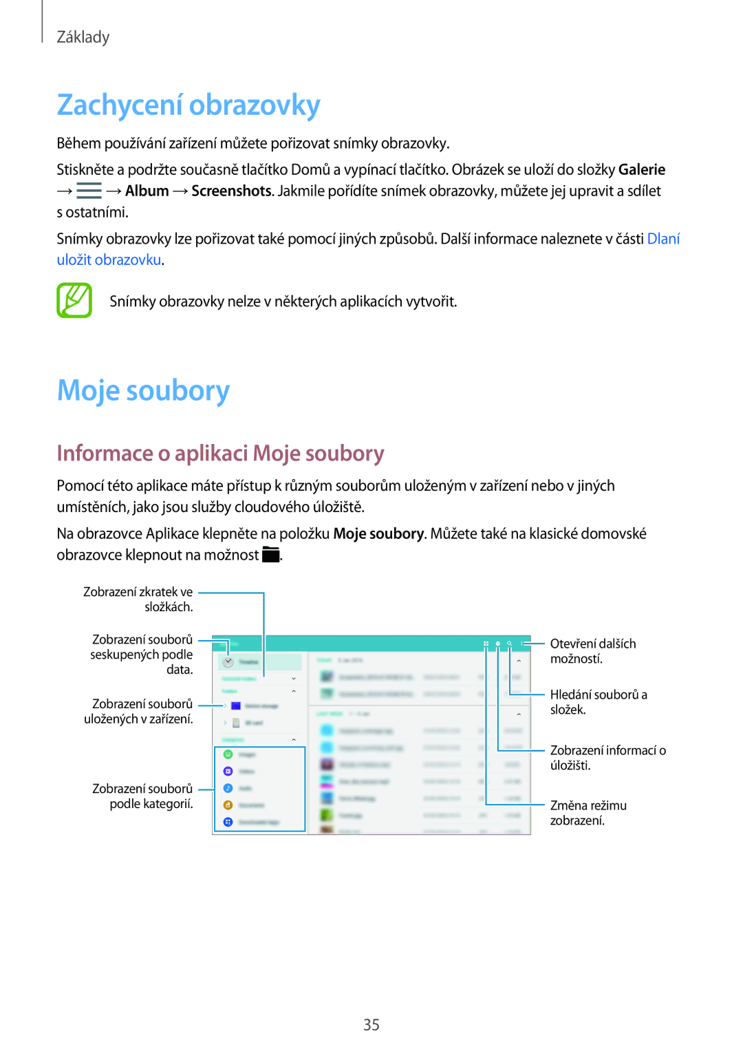 Samsung SM-T705NTSAATO, SM-T805NZWAXEO, SM-T805NZWAATO manual Zachycení obrazovky, Informace o aplikaci Moje soubory 