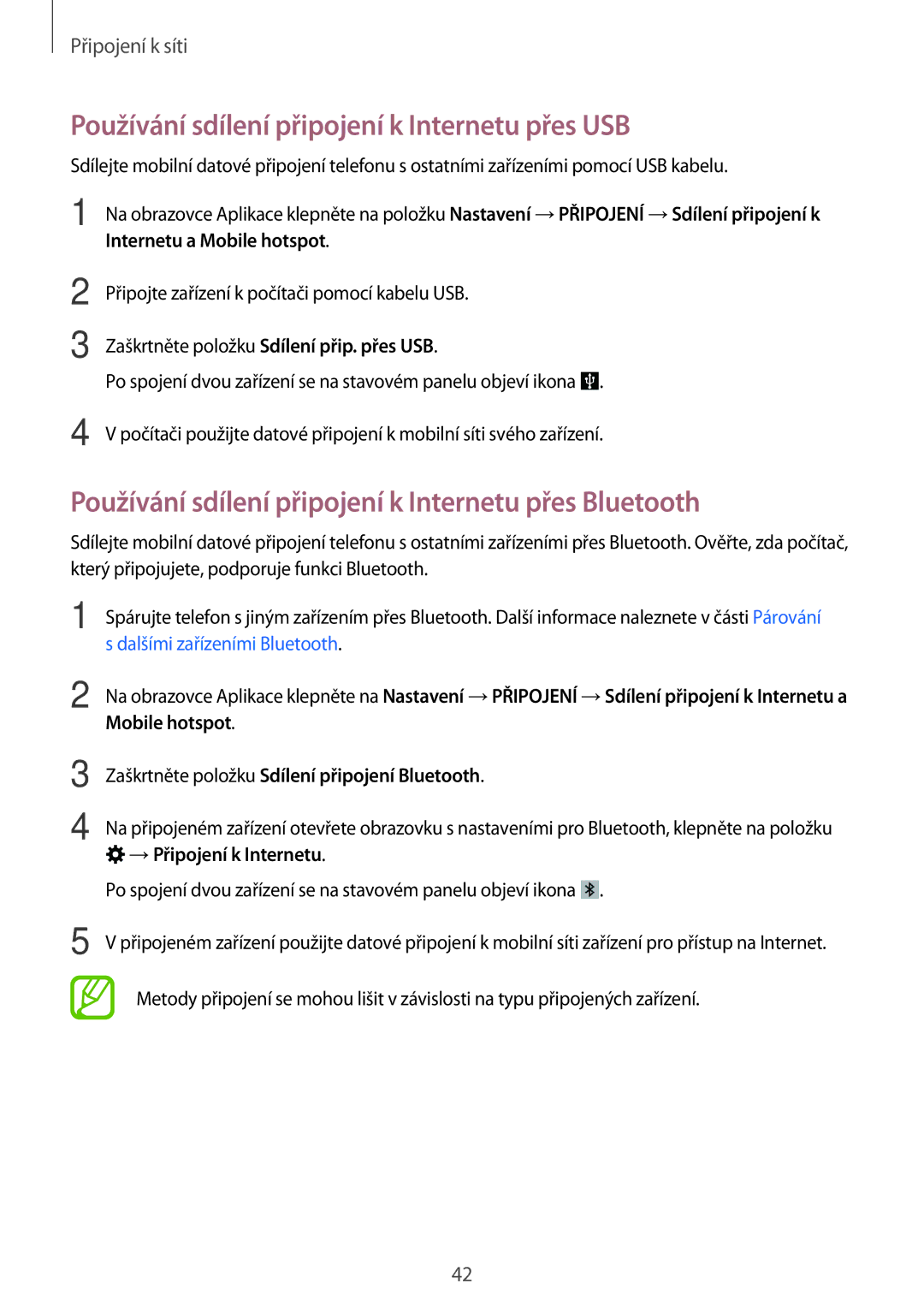 Samsung SM-T705NTSAEUR, SM-T805NZWAXEO manual Používání sdílení připojení k Internetu přes USB, Internetu a Mobile hotspot 