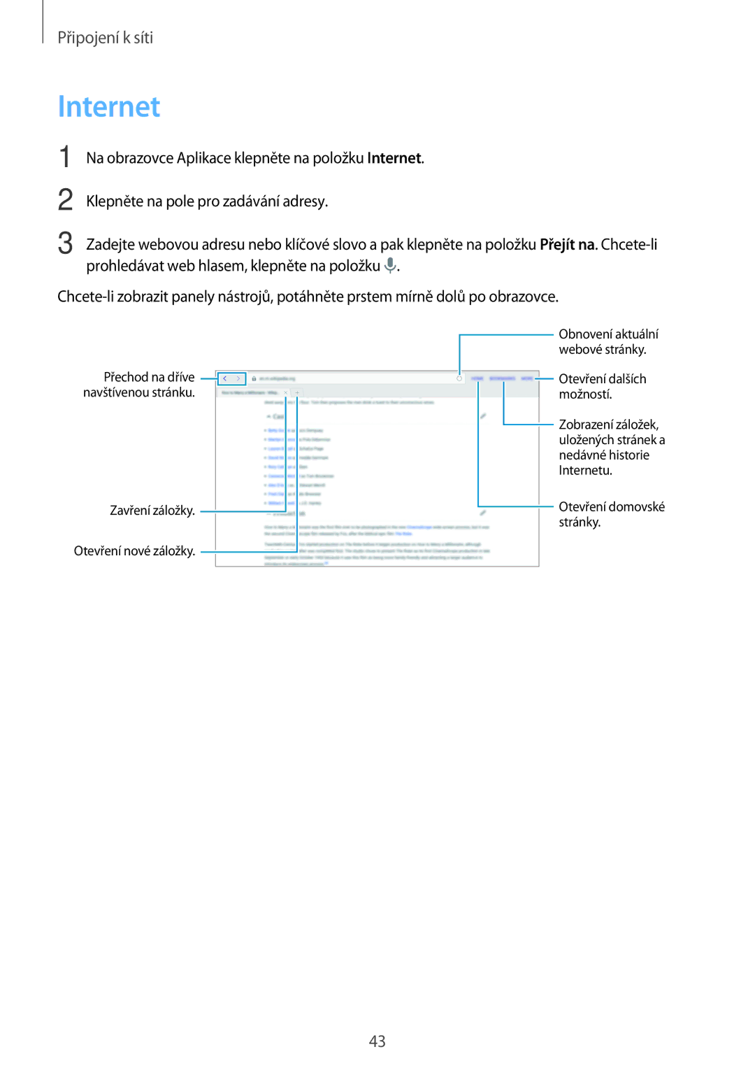 Samsung SM-T805NTSAAUT, SM-T805NZWAXEO, SM-T805NZWAATO, SM-T805NTSAATO manual Internet, Zavření záložky Otevření nové záložky 