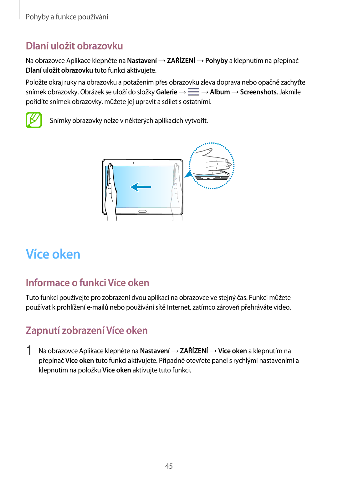 Samsung SM-T705NTSAXEH manual Dlaní uložit obrazovku, Informace o funkci Více oken, Zapnutí zobrazení Více oken 