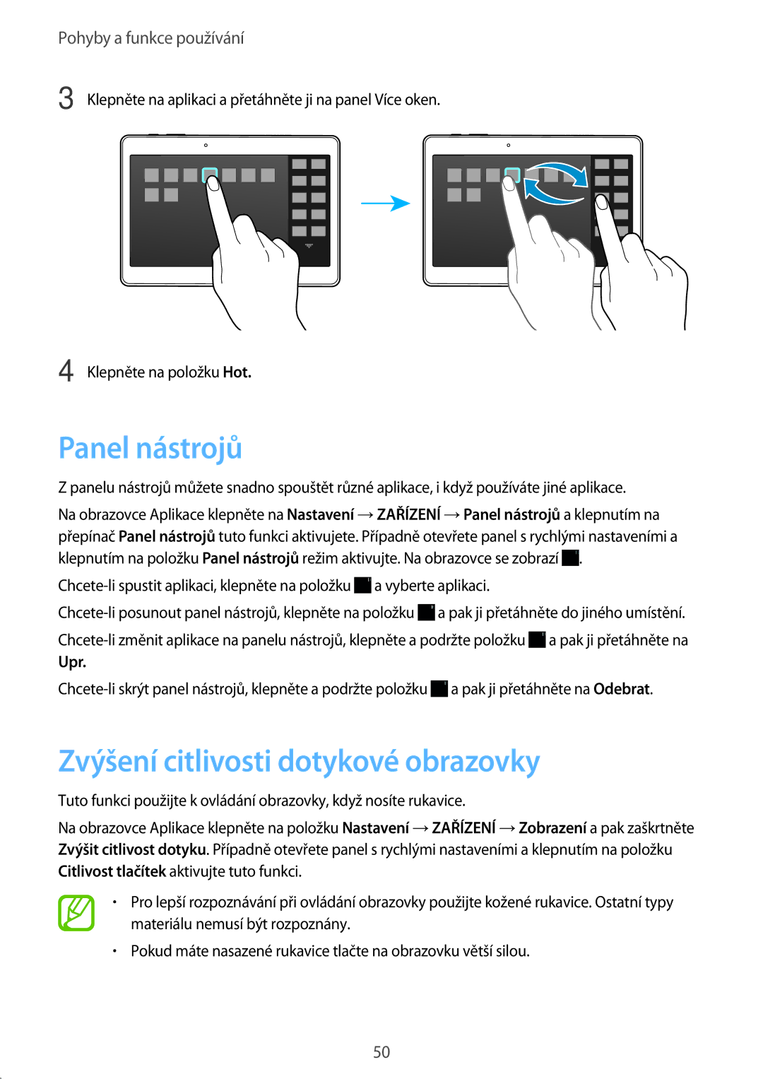 Samsung SM-T705NTSATMH, SM-T805NZWAXEO, SM-T805NZWAATO manual Panel nástrojů, Zvýšení citlivosti dotykové obrazovky, Upr 