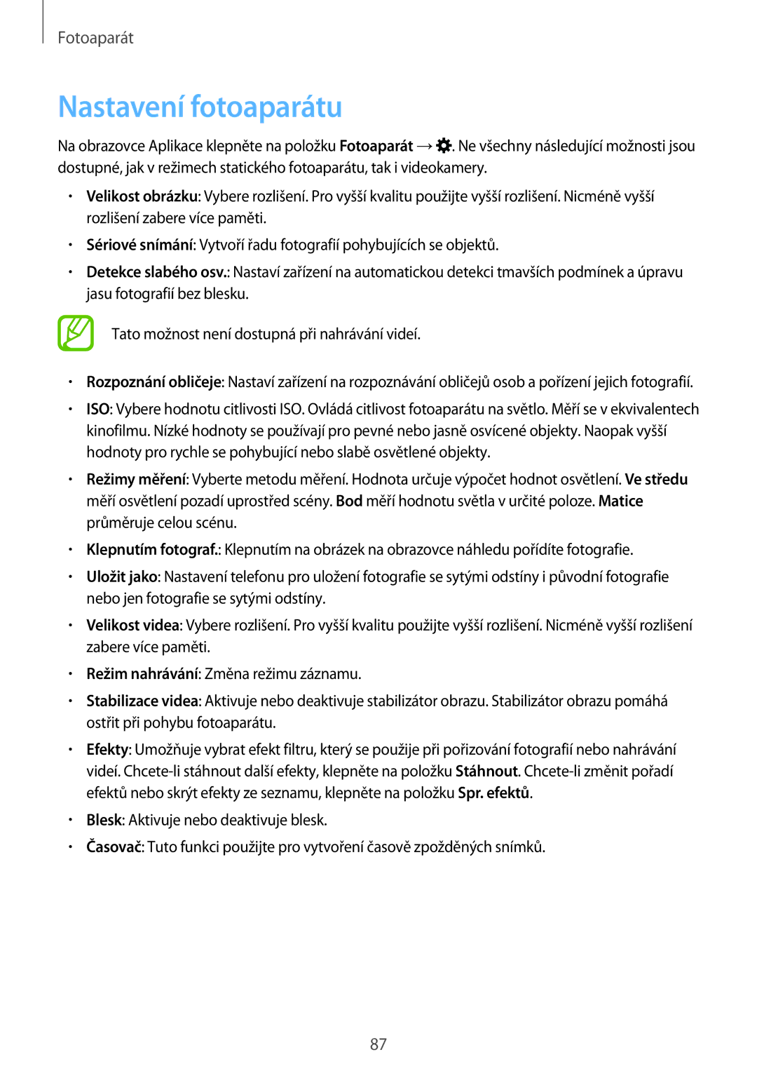 Samsung SM-T705NZWAATO, SM-T805NZWAXEO, SM-T805NZWAATO, SM-T805NTSAATO, SM-T705NZWAXEO, SM-T705NZWAEUR Nastavení fotoaparátu 