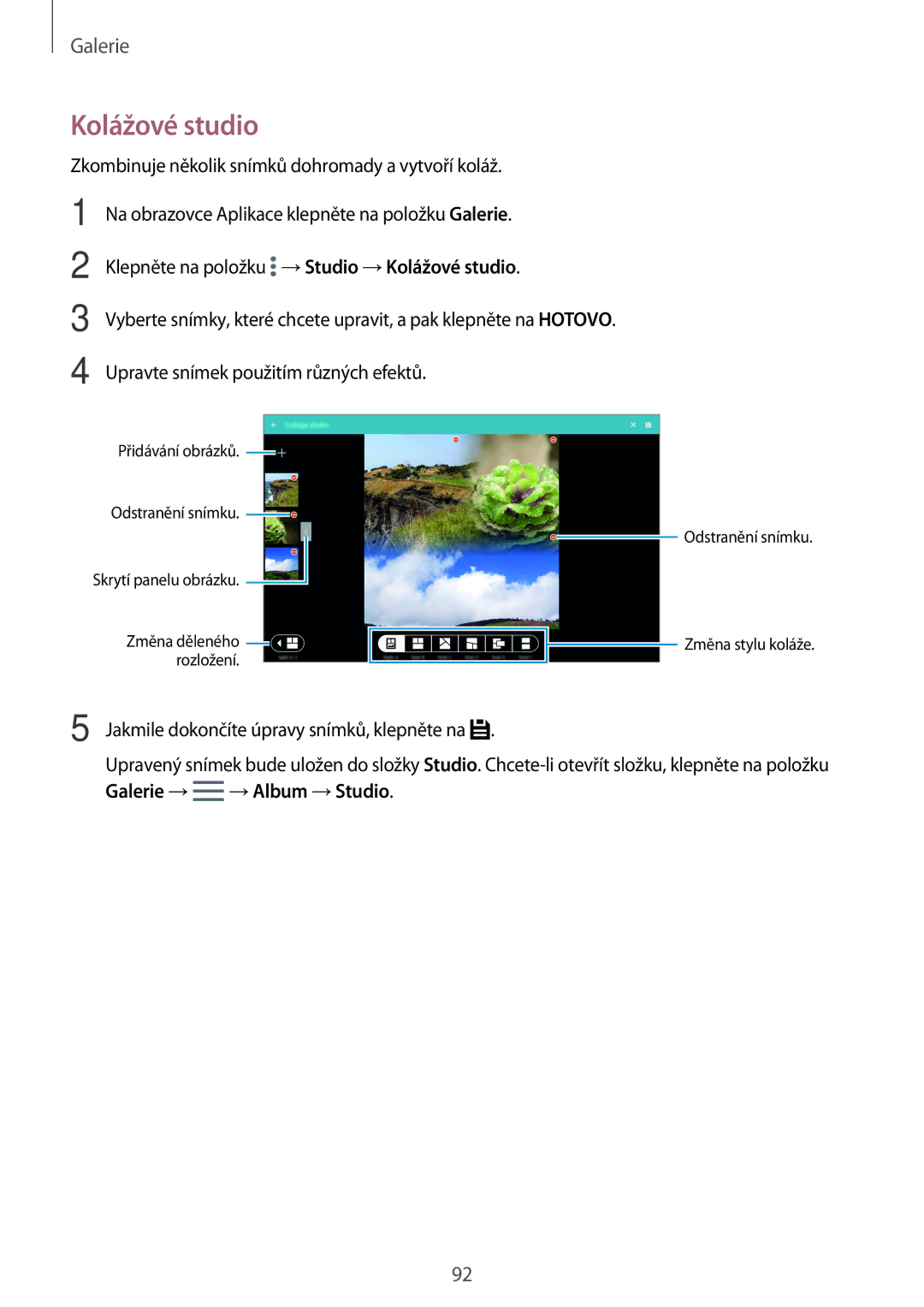 Samsung SM-T705NTSAXEO, SM-T805NZWAXEO, SM-T805NZWAATO, SM-T805NTSAATO, SM-T705NZWAATO, SM-T705NZWAXEO manual Kolážové studio 