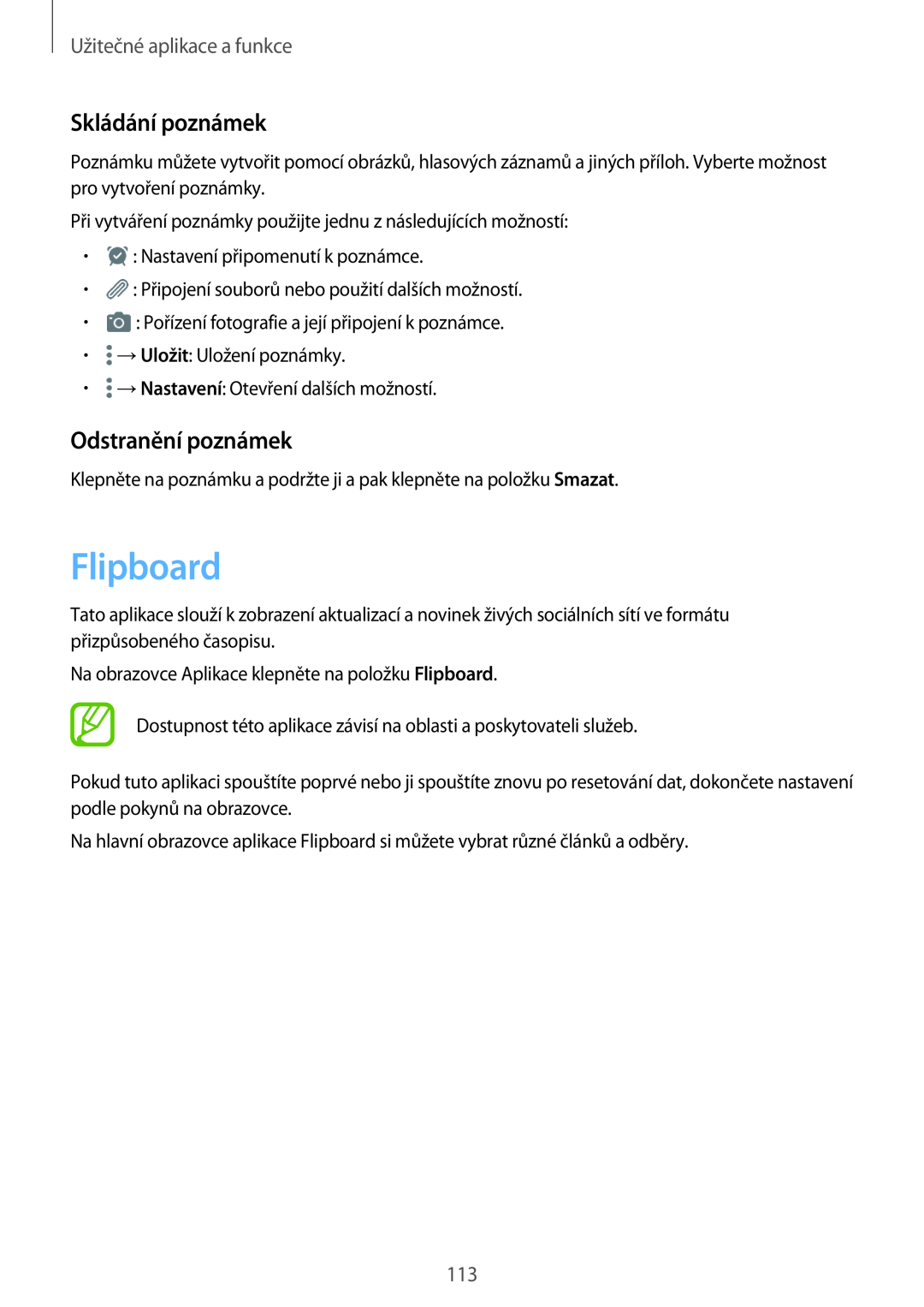 Samsung SM-T805NZWAATO, SM-T805NZWAXEO manual Flipboard, Skládání poznámek, Odstranění poznámek, Užitečné aplikace a funkce 