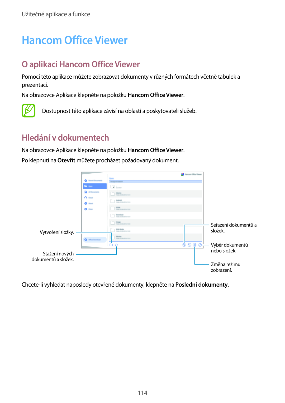 Samsung SM-T805NTSAATO manual O aplikaci Hancom Office Viewer, Hledání v dokumentech, Užitečné aplikace a funkce 