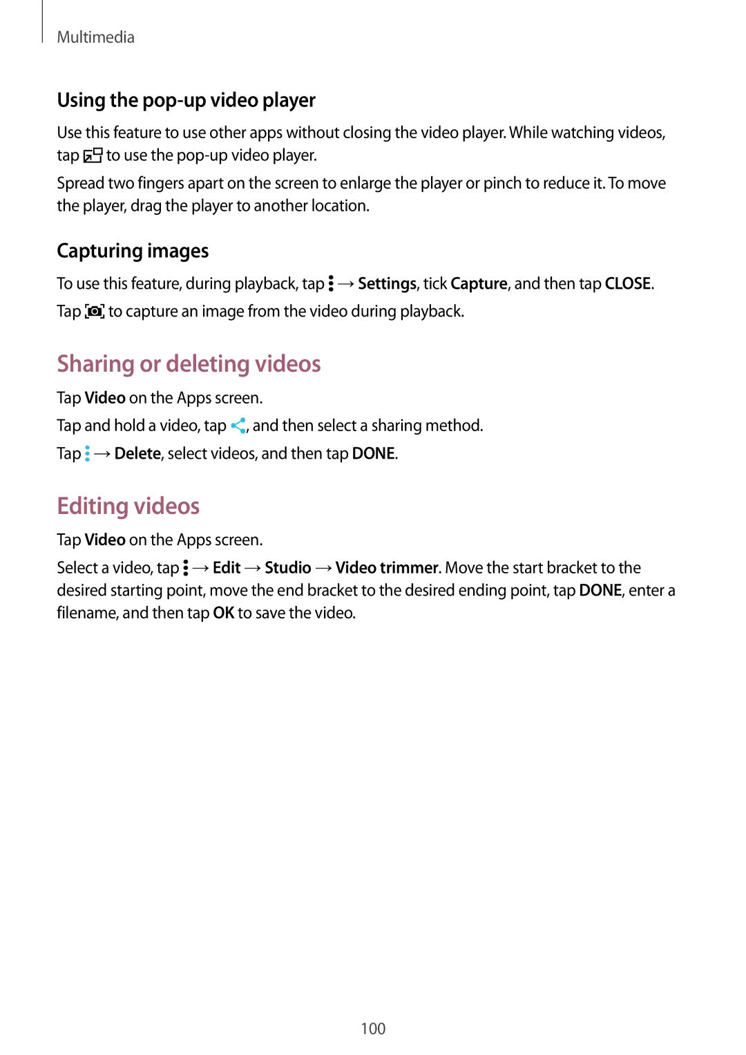 Samsung SM-T705NTSANEE manual Sharing or deleting videos, Editing videos, Using the pop-up video player, Capturing images 
