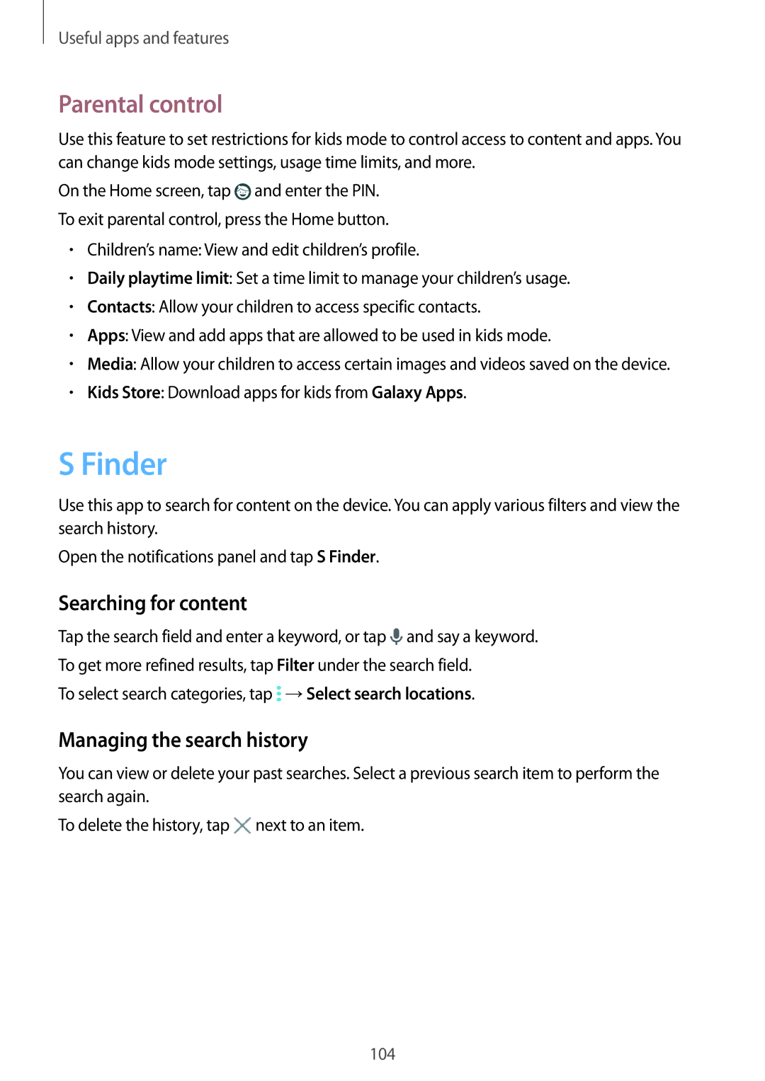 Samsung SM-T805NTSENEE, SM-T805NZWAXEO manual Finder, Parental control, Searching for content, Managing the search history 