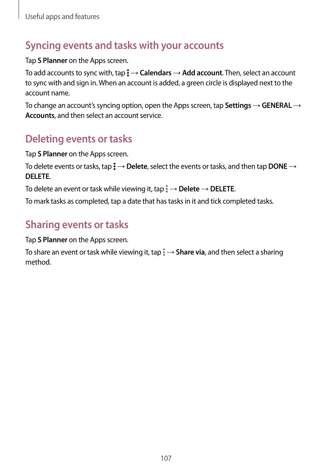 Samsung SM-T705NZWANEE Syncing events and tasks with your accounts, Deleting events or tasks, Sharing events or tasks 