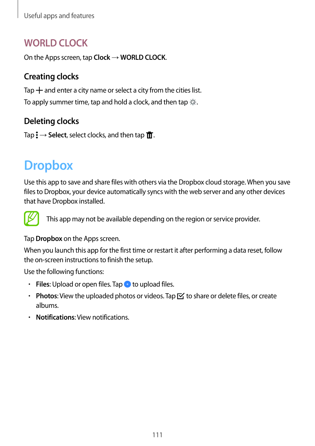 Samsung SM-T705NTSYSER manual Dropbox, Creating clocks, Deleting clocks, On the Apps screen, tap Clock →WORLD Clock 