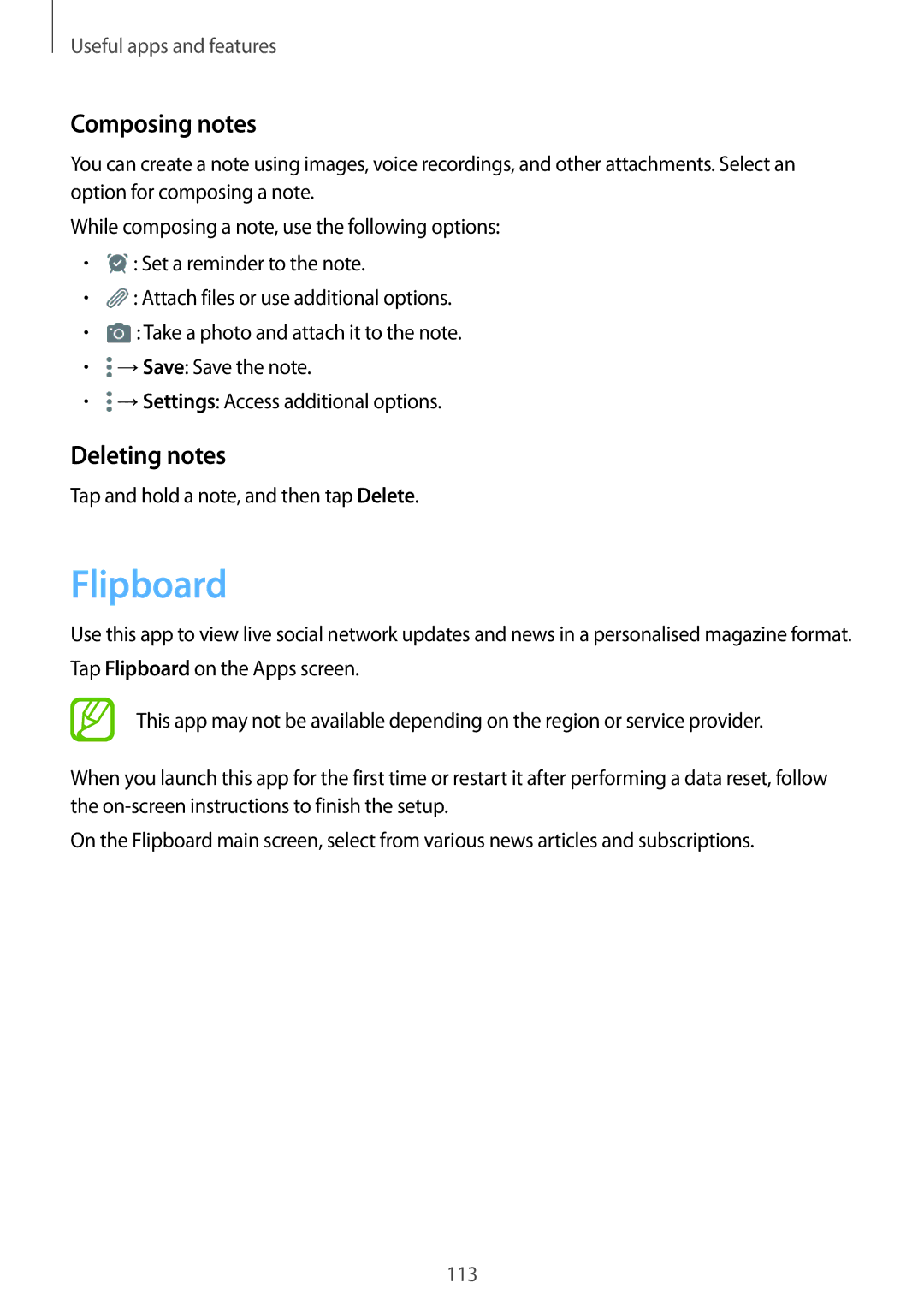 Samsung SM-T805NTSASER manual Flipboard, Composing notes, Deleting notes, Tap and hold a note, and then tap Delete 