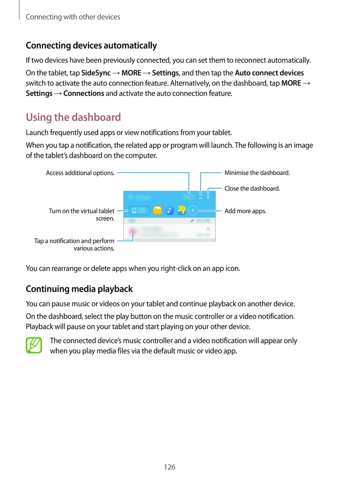 Samsung SM-T805NTSAEUR, SM-T805NZWAXEO Using the dashboard, Connecting devices automatically, Continuing media playback 