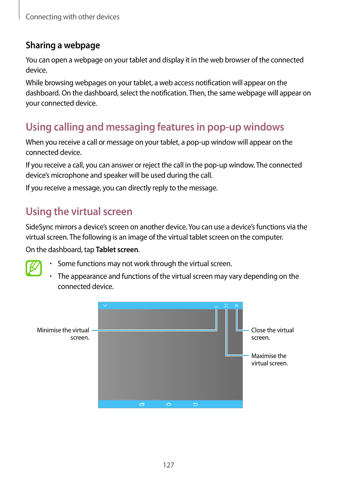 Samsung SM-T705NZWASEB, SM-T805NZWAXEO, SM-T805NZWAATO, SM-T805NTSAATO manual Using the virtual screen, Sharing a webpage 