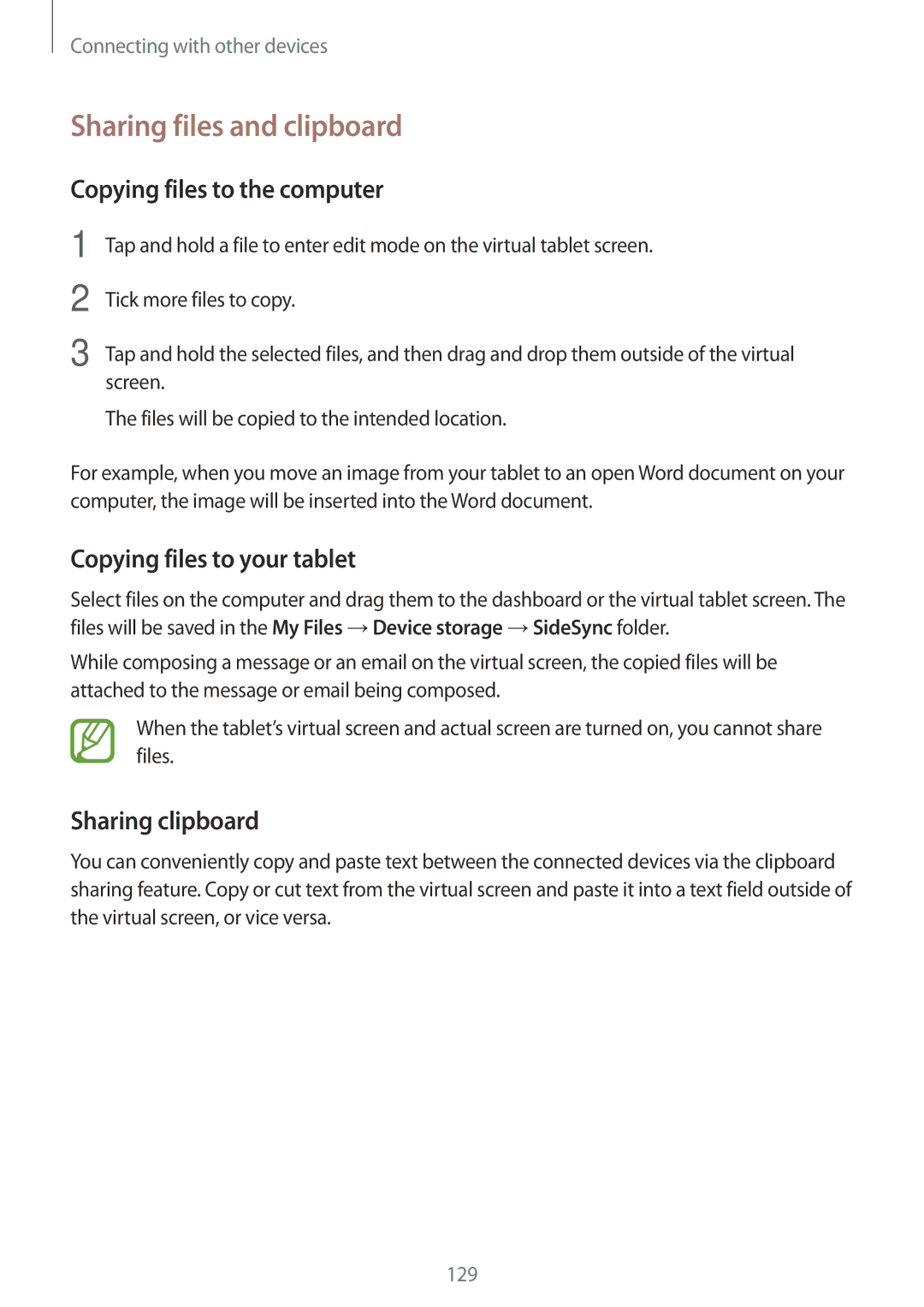 Samsung SM-T705NTSATPH manual Sharing files and clipboard, Copying files to the computer, Copying files to your tablet 