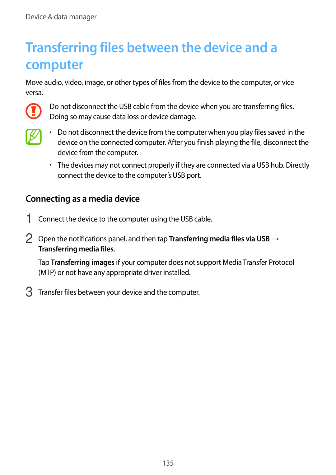 Samsung SM-T805NTSADBT, SM-T805NZWAXEO Transferring files between the device and a computer, Connecting as a media device 