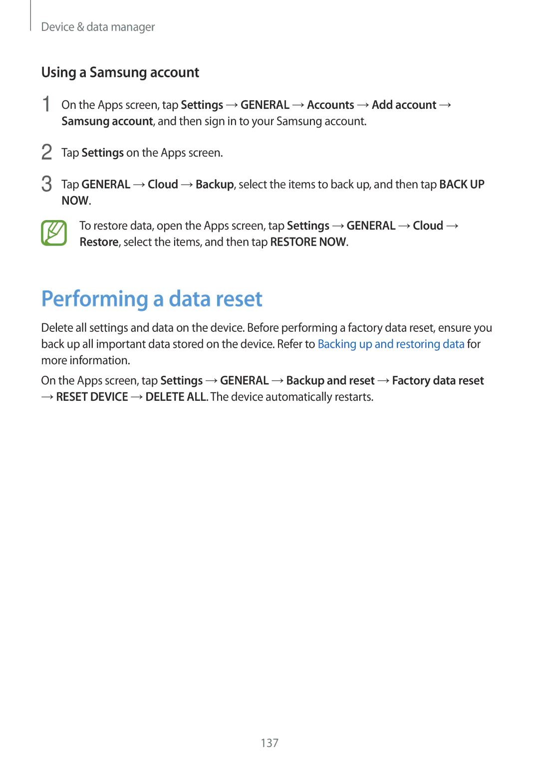 Samsung SM-T805NHAADBT, SM-T805NZWAXEO, SM-T805NZWAATO, SM-T805NTSAATO manual Performing a data reset, Using a Samsung account 