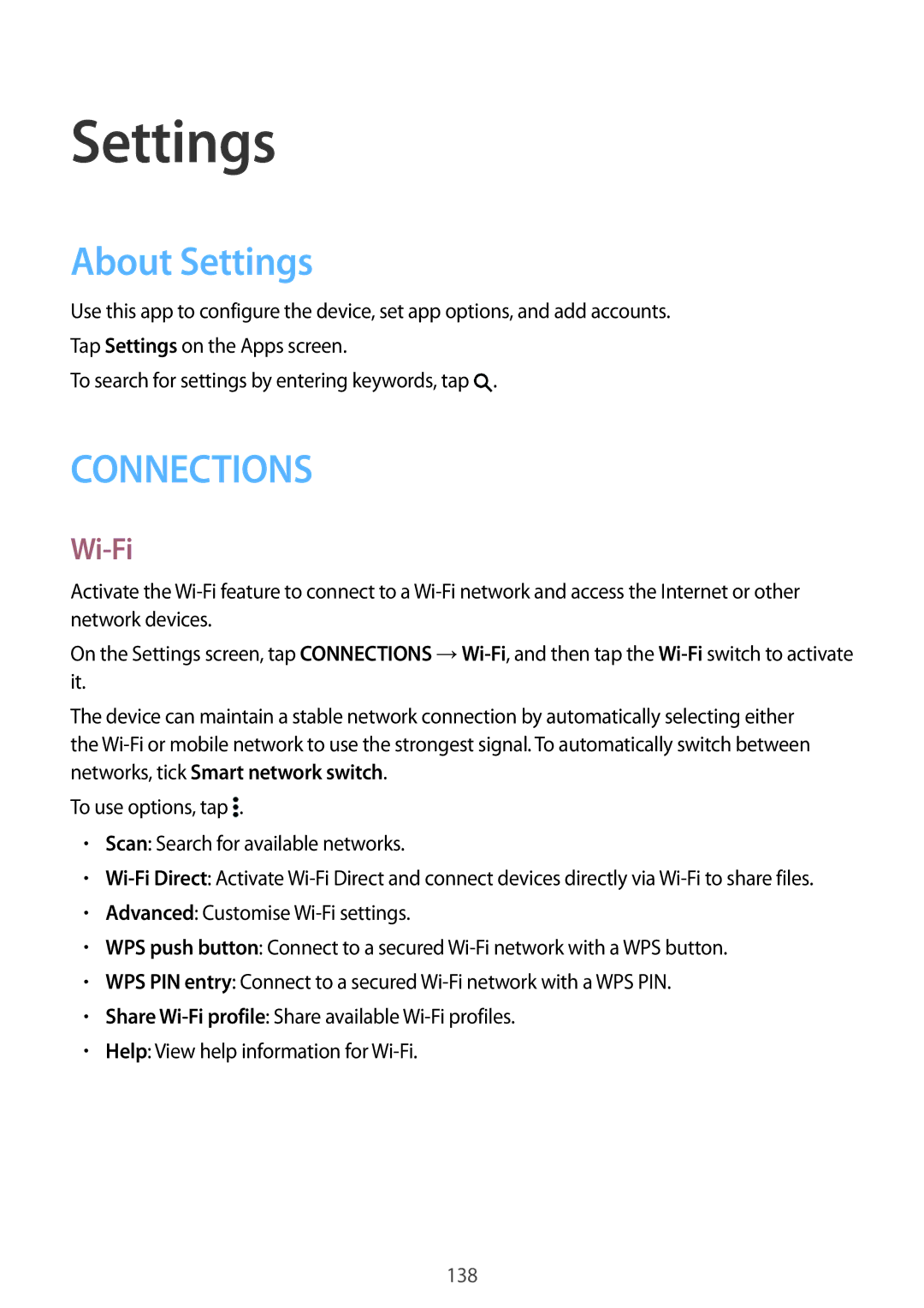 Samsung SM-T805NZWAEUR, SM-T805NZWAXEO, SM-T805NZWAATO, SM-T805NTSAATO, SM-T705NZWATPH manual About Settings, Wi-Fi 