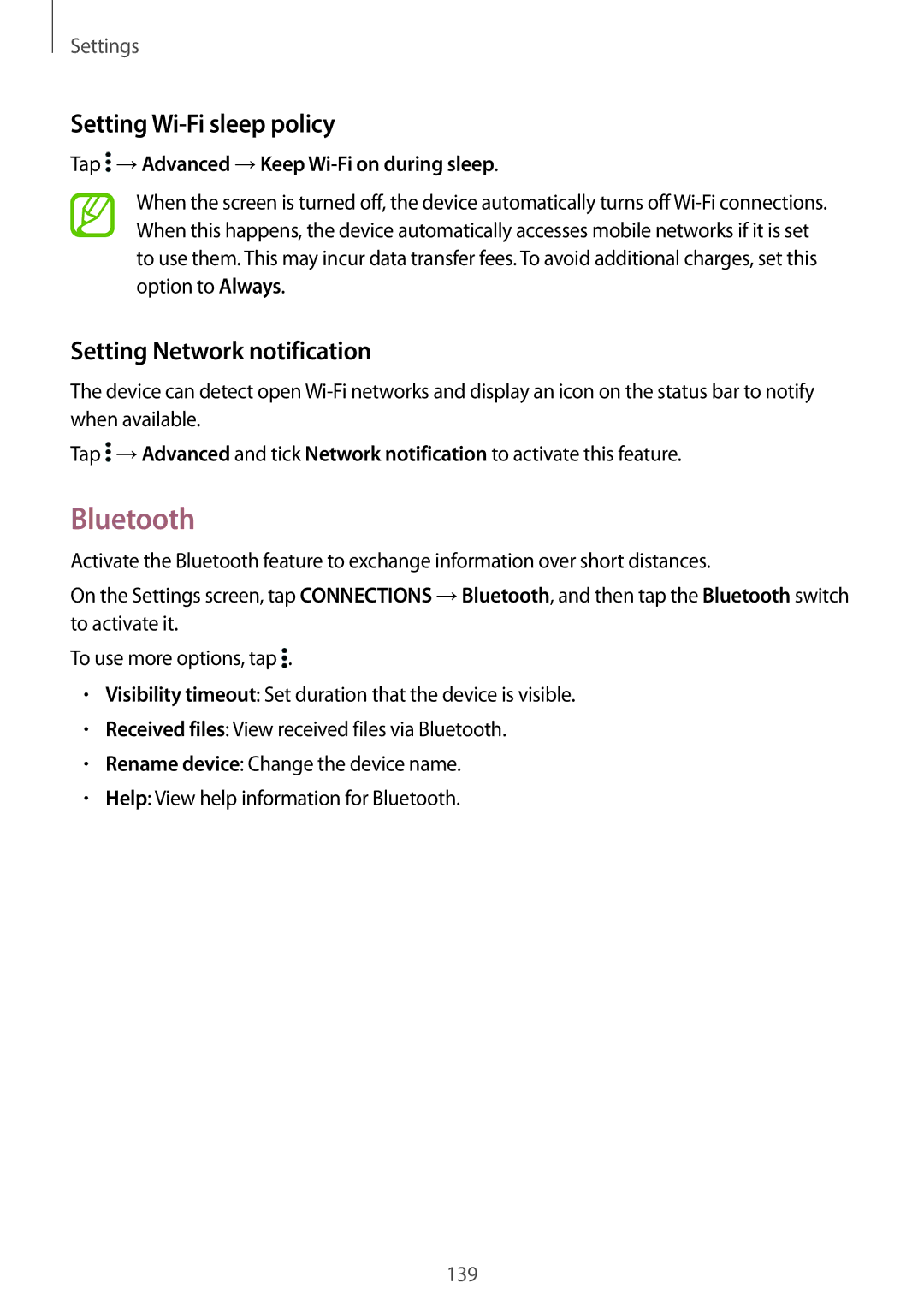 Samsung SM-T705NTSAVD2, SM-T805NZWAXEO, SM-T805NZWAATO Bluetooth, Setting Wi-Fi sleep policy, Setting Network notification 