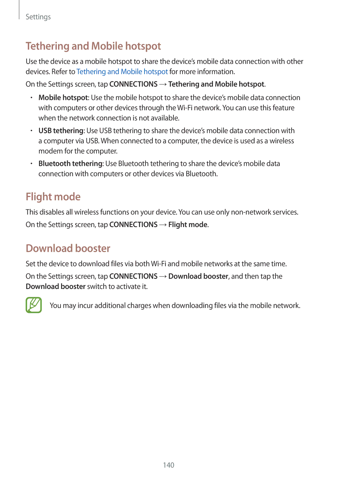 Samsung SM-T705NTSASEB, SM-T805NZWAXEO, SM-T805NZWAATO manual Tethering and Mobile hotspot, Flight mode, Download booster 