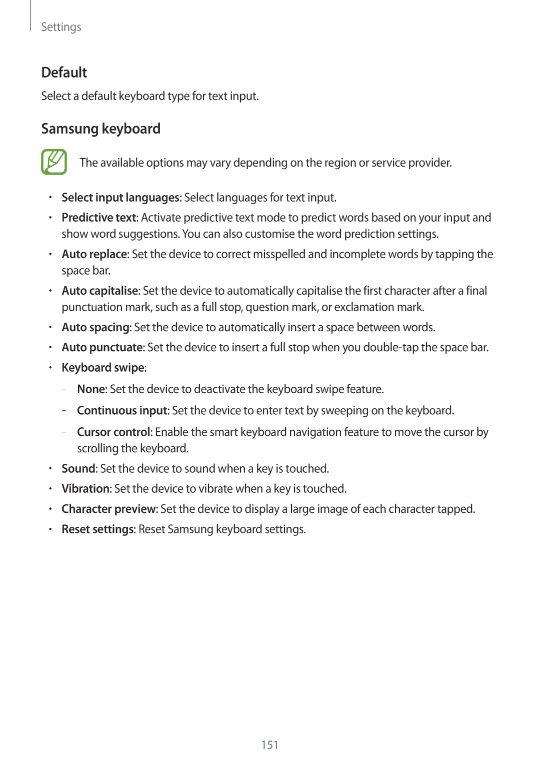 Samsung SM-T805NZWAHUI manual Default, Samsung keyboard, Select a default keyboard type for text input, Keyboard swipe 