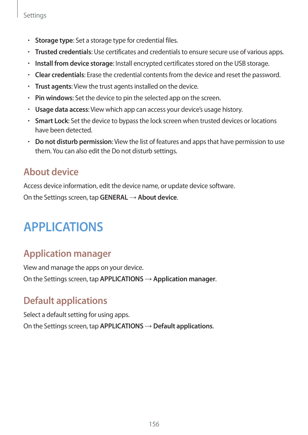 Samsung SM-T705NZWAITV, SM-T805NZWAXEO, SM-T805NZWAATO manual About device, Application manager, Default applications 