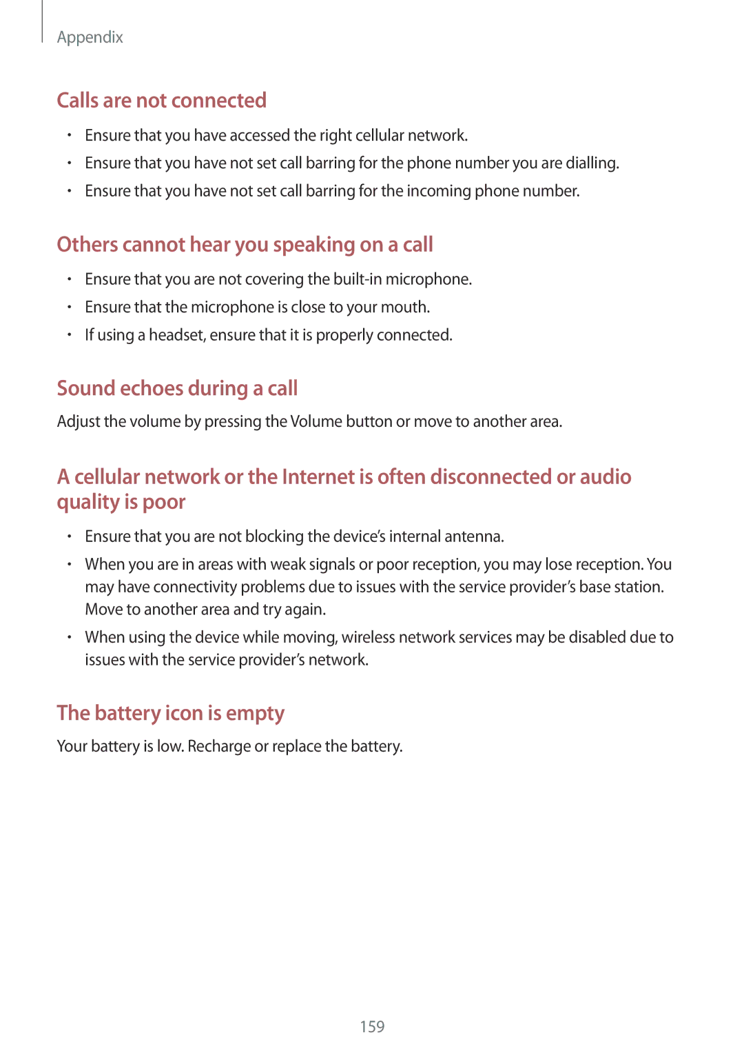 Samsung SM-T805NTSAXEC, SM-T805NZWAXEO manual Calls are not connected, Your battery is low. Recharge or replace the battery 