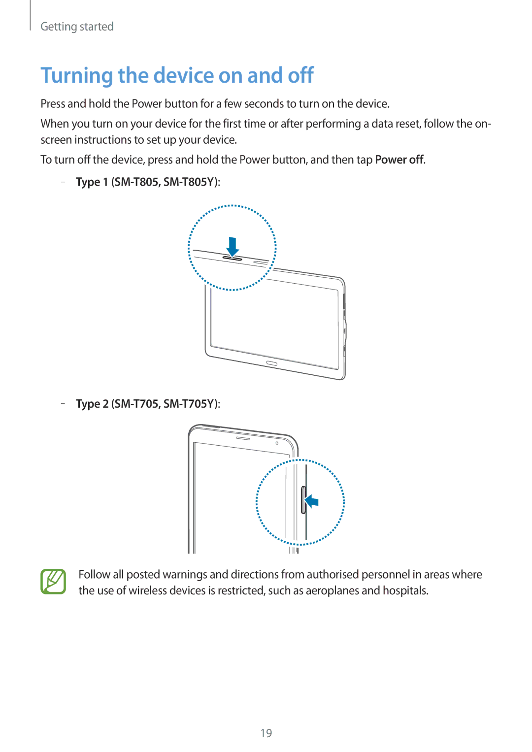 Samsung SM-T705NTSAVD2, SM-T805NZWAXEO, SM-T805NZWAATO, SM-T805NTSAATO, SM-T705NZWATPH manual Turning the device on and off 