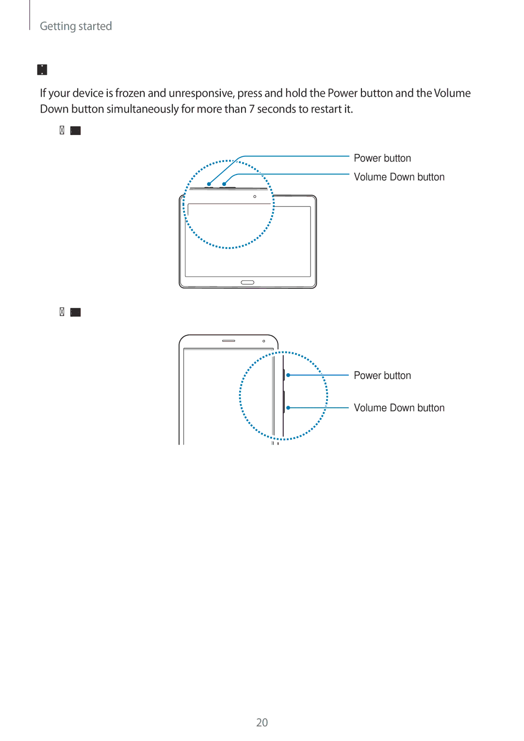 Samsung SM-T705NTSASEB, SM-T805NZWAXEO, SM-T805NZWAATO, SM-T805NTSAATO manual Restarting the device, Type 1 SM-T805, SM-T805Y 