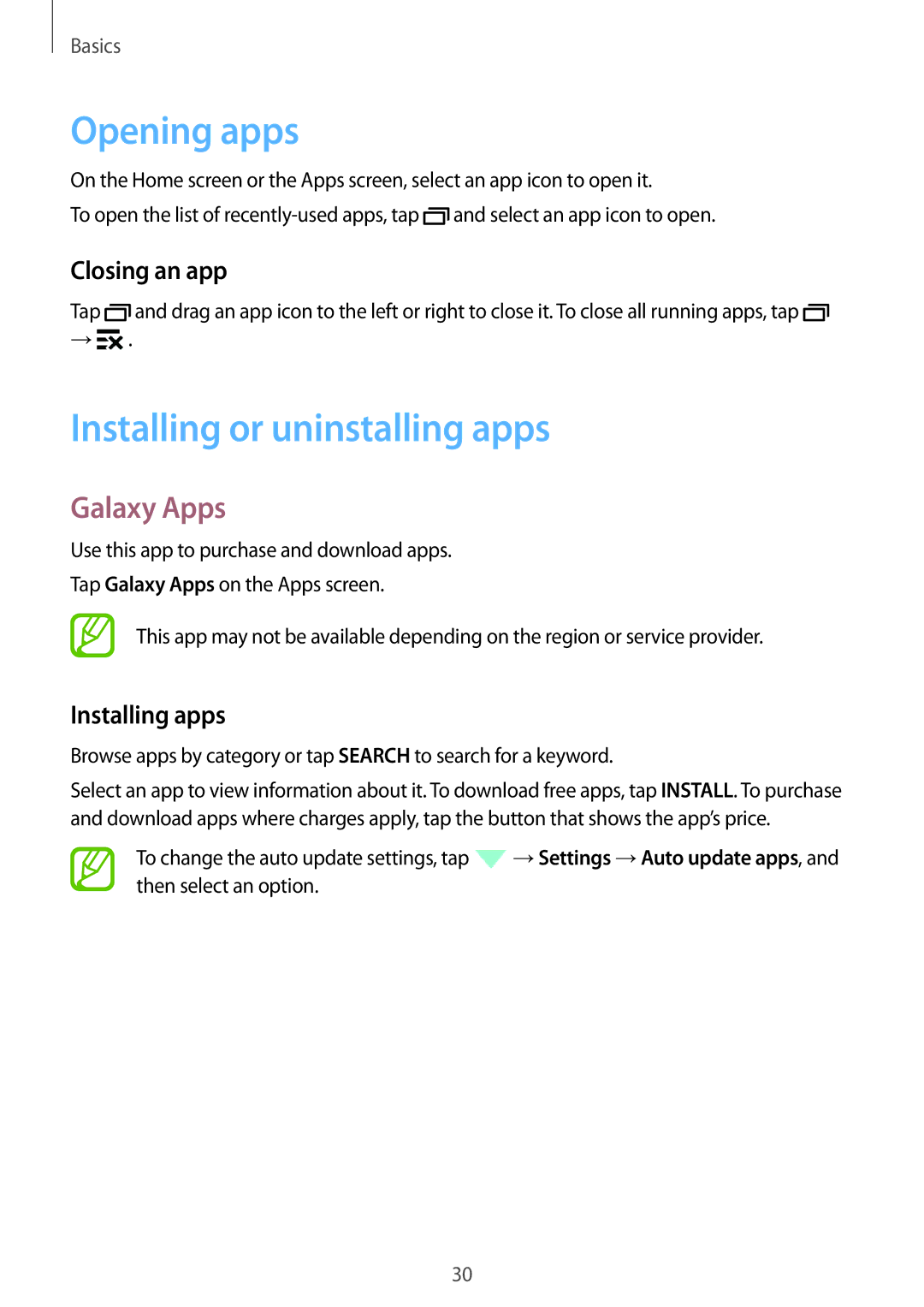 Samsung SM-T805NZWAITV manual Opening apps, Installing or uninstalling apps, Galaxy Apps, Closing an app, Installing apps 