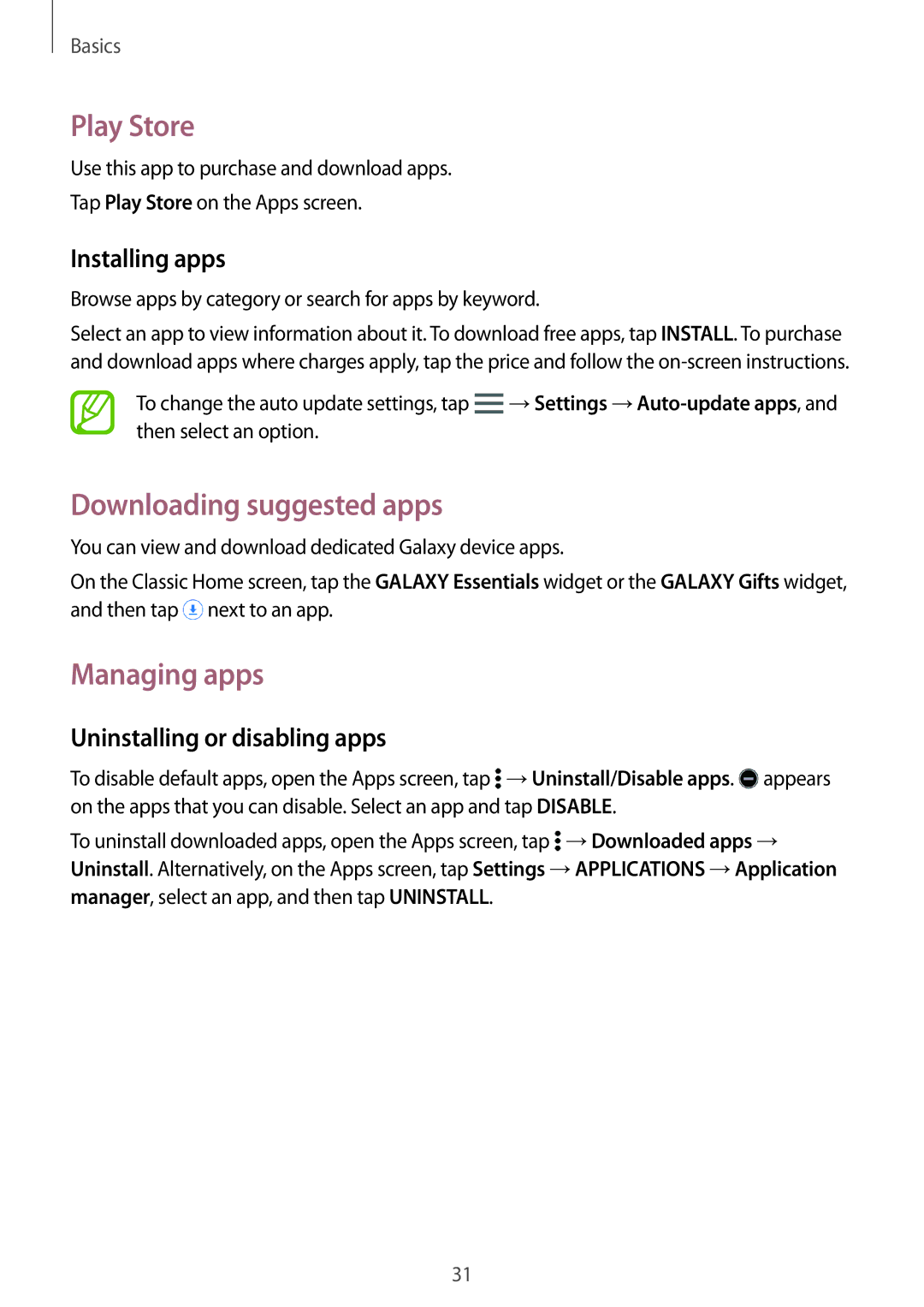 Samsung SM-T805NZWAHUI manual Play Store, Downloading suggested apps, Managing apps, Uninstalling or disabling apps 