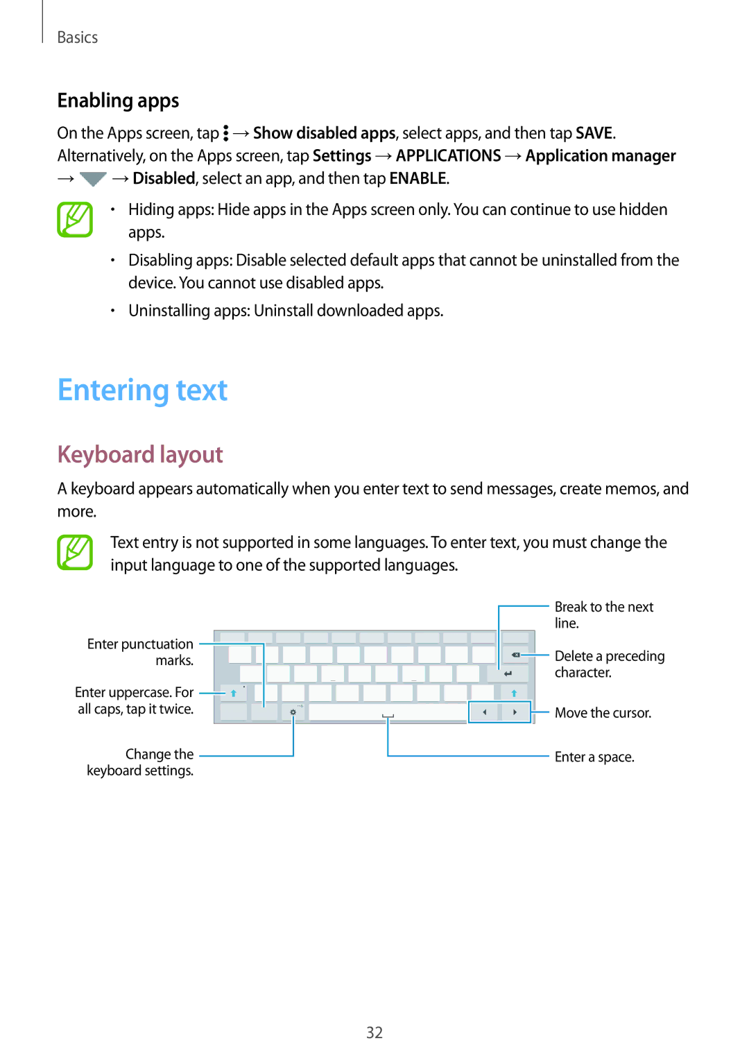 Samsung SM-T705NTSAITV, SM-T805NZWAXEO, SM-T805NZWAATO, SM-T805NTSAATO manual Entering text, Keyboard layout, Enabling apps 