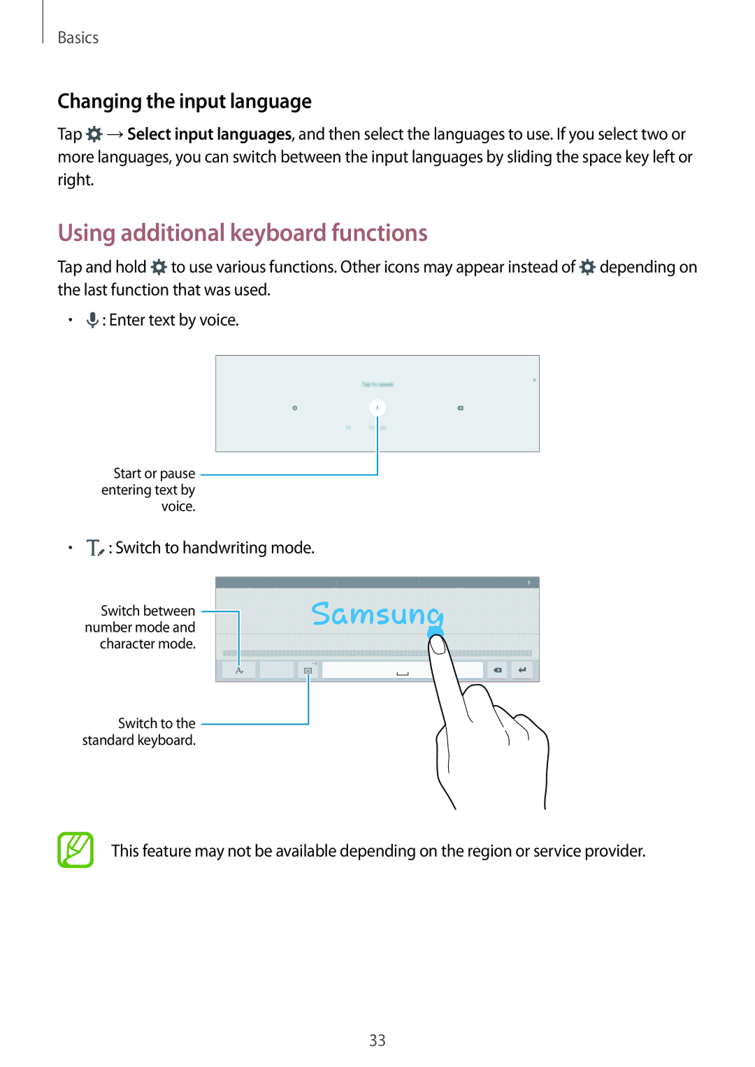 Samsung SM-T705NZWAAUT manual Using additional keyboard functions, Changing the input language, Switch to handwriting mode 