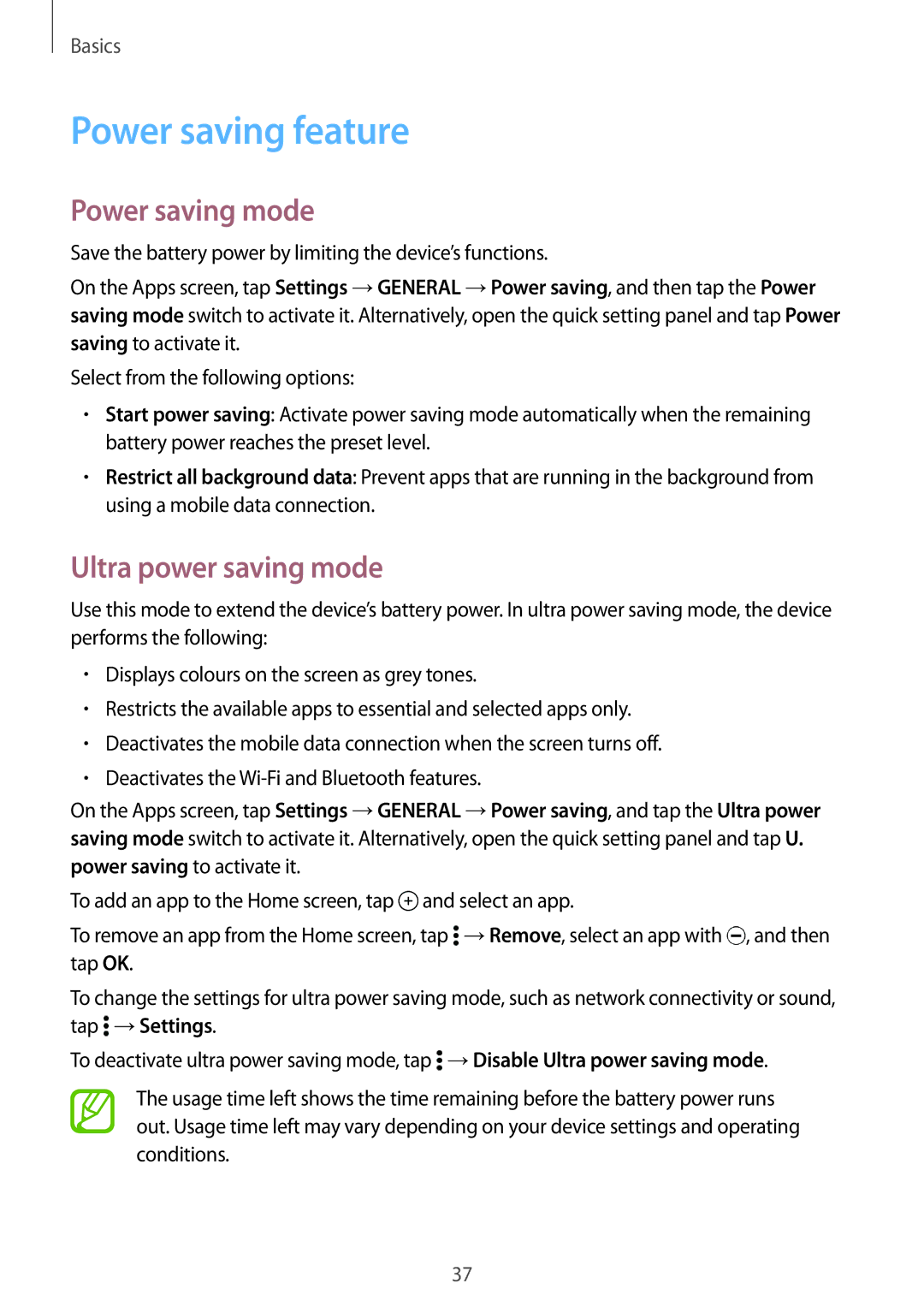 Samsung SM-T805NTSATIM, SM-T805NZWAXEO, SM-T805NZWAATO Power saving feature, Power saving mode, Ultra power saving mode 