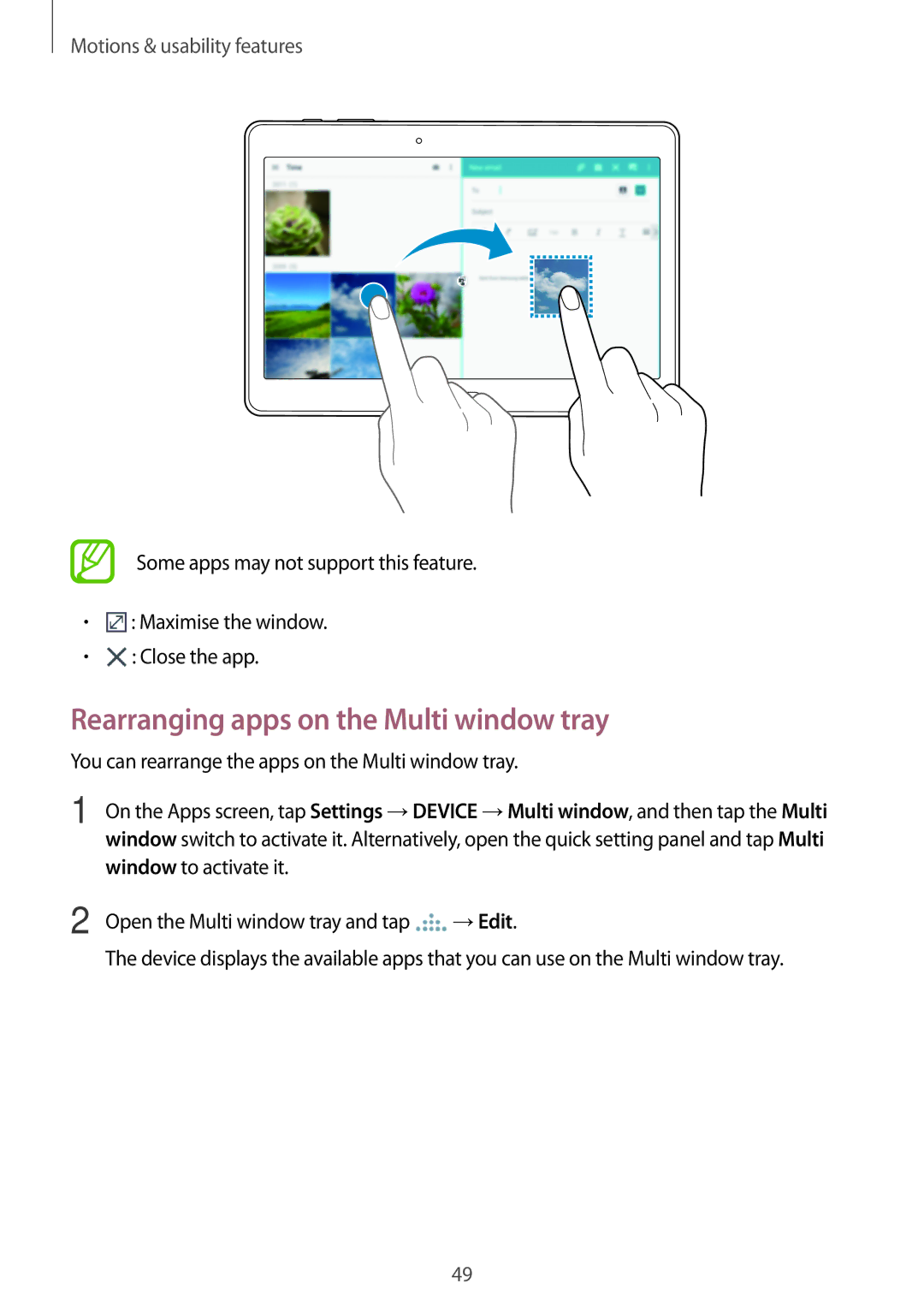 Samsung SM-T805NTSALYS, SM-T805NZWAXEO, SM-T805NZWAATO, SM-T805NTSAATO manual Rearranging apps on the Multi window tray 