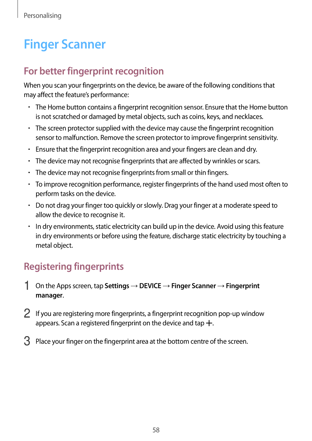 Samsung SM-T805NZWEKSA, SM-T805NZWAXEO manual Finger Scanner, For better fingerprint recognition, Registering fingerprints 