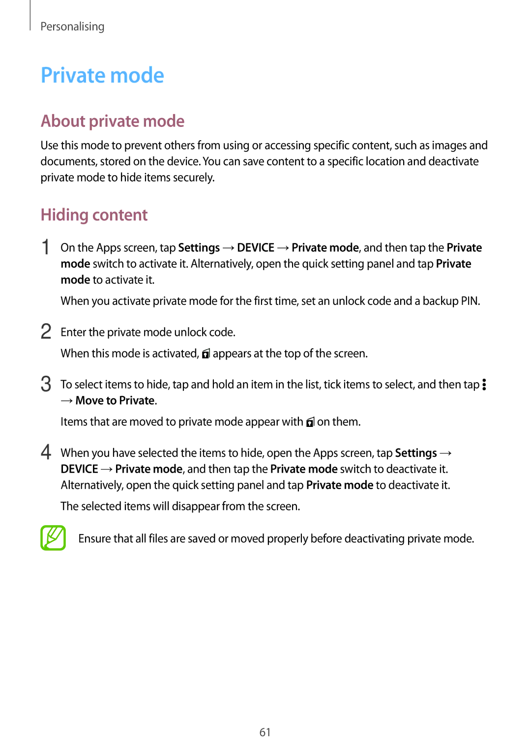 Samsung SM-T805NZWATHR, SM-T805NZWAXEO, SM-T805NZWAATO Private mode, About private mode, Hiding content, → Move to Private 