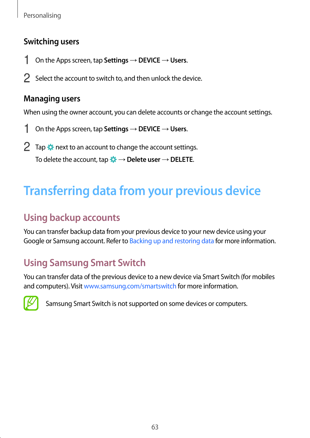 Samsung SM-T805NTSACAC Transferring data from your previous device, Using backup accounts, Using Samsung Smart Switch 