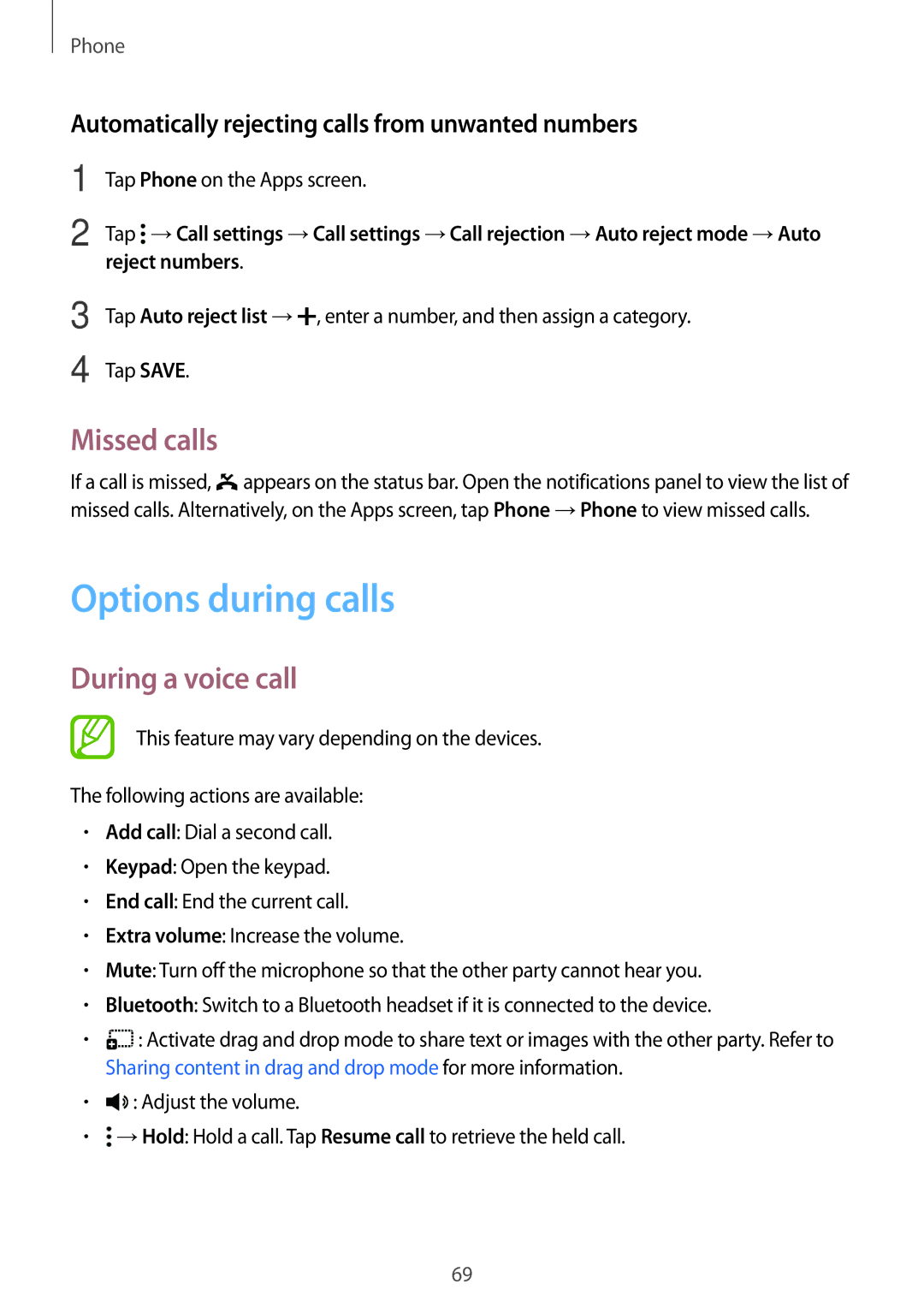 Samsung SM-T805NTSAXXV, SM-T805NZWAXEO manual Options during calls, Missed calls, During a voice call, Reject numbers 