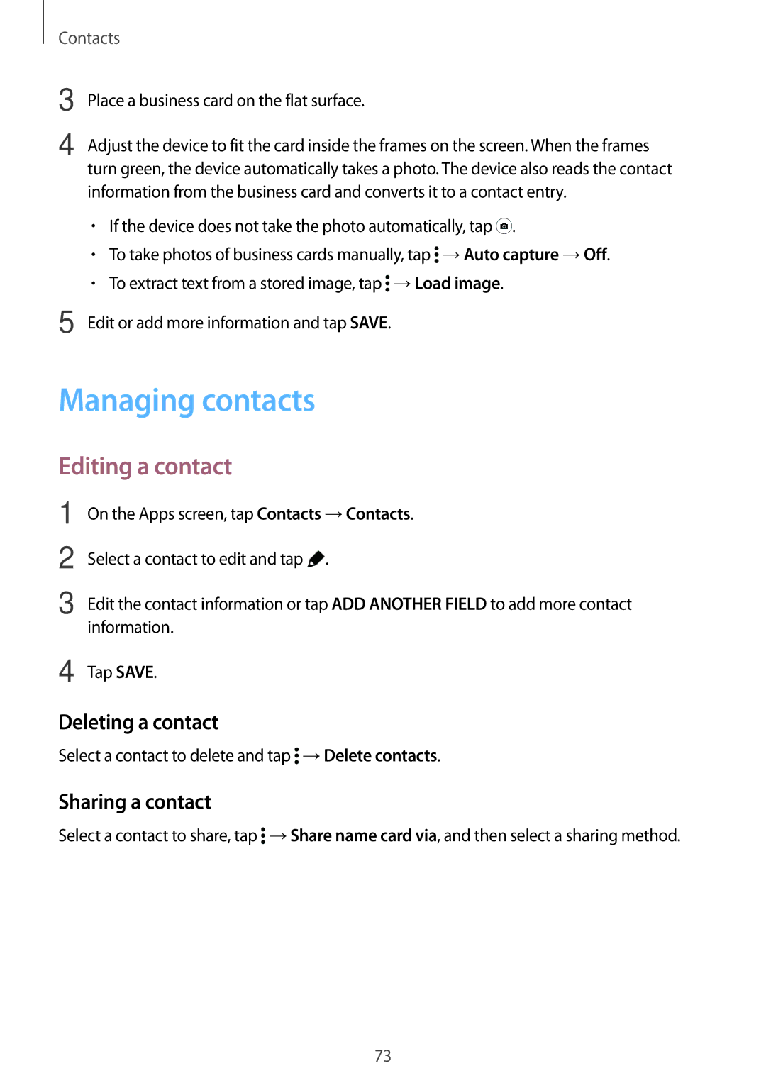 Samsung SM-T805NTSABGL, SM-T805NZWAXEO manual Managing contacts, Editing a contact, Deleting a contact, Sharing a contact 