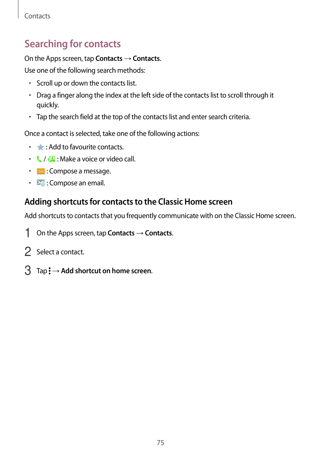 Samsung SM-T805NZWABGL, SM-T805NZWAXEO Searching for contacts, Adding shortcuts for contacts to the Classic Home screen 