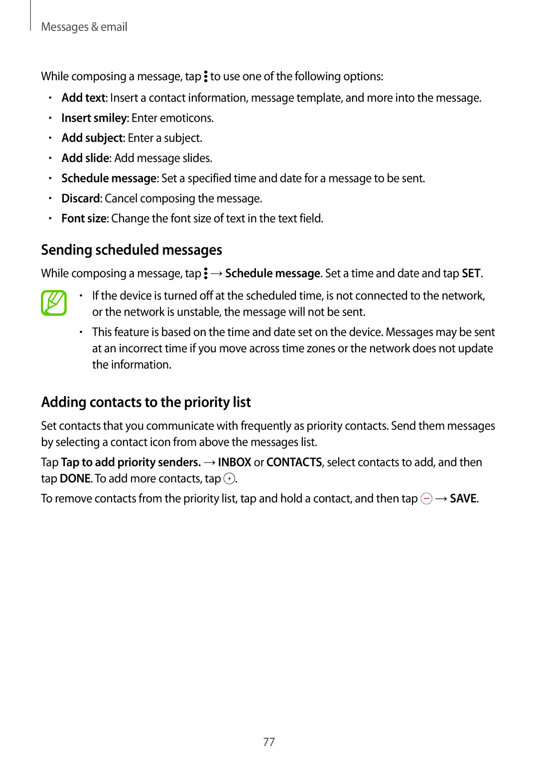 Samsung SM-T705NZWASEE, SM-T805NZWAXEO, SM-T805NZWAATO Sending scheduled messages, Adding contacts to the priority list 