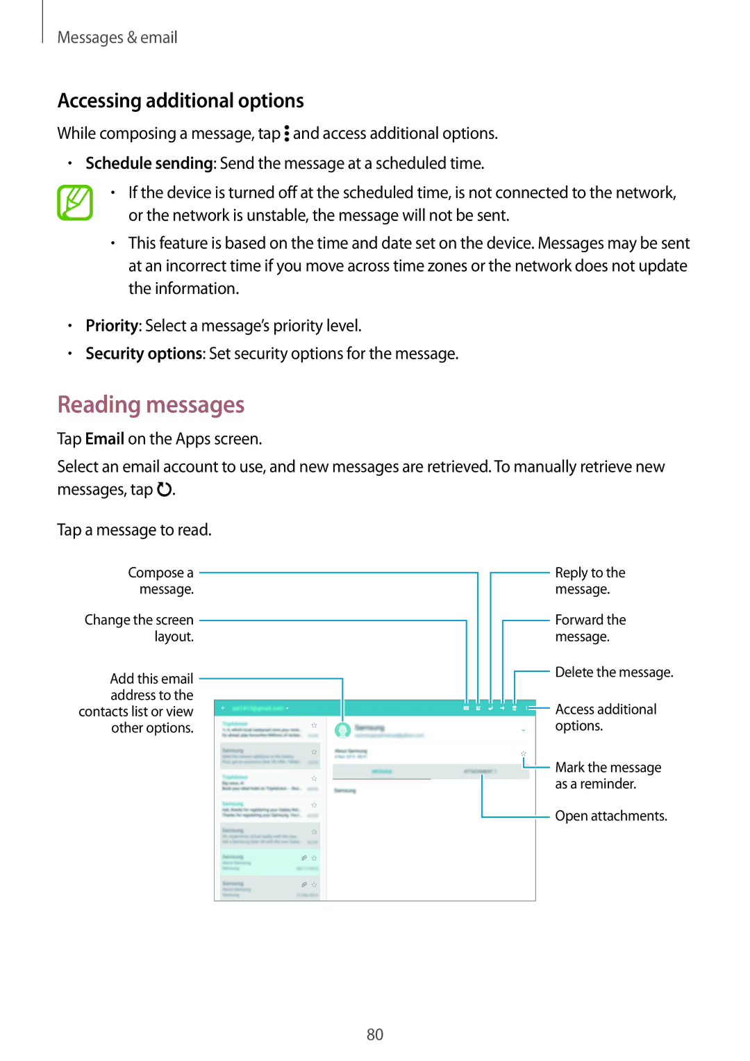 Samsung SM-T805NTSASEE, SM-T805NZWAXEO, SM-T805NZWAATO, SM-T805NTSAATO manual Reading messages, Accessing additional options 