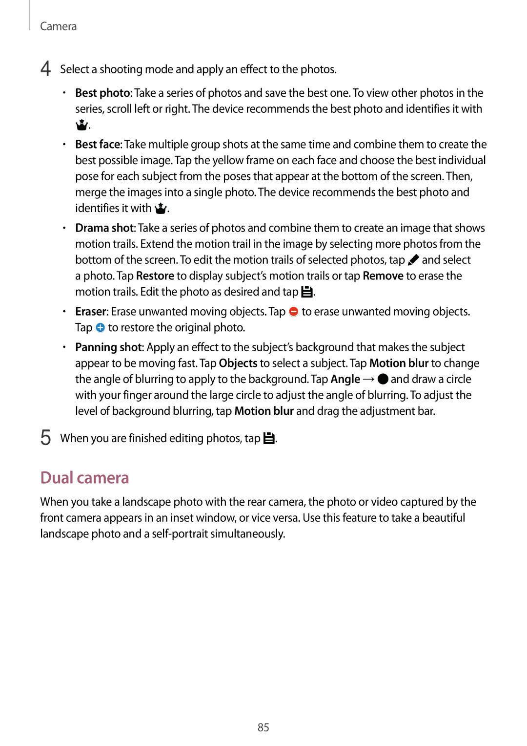 Samsung SM-T705NTSAXEZ, SM-T805NZWAXEO, SM-T805NZWAATO manual Dual camera, When you are finished editing photos, tap 