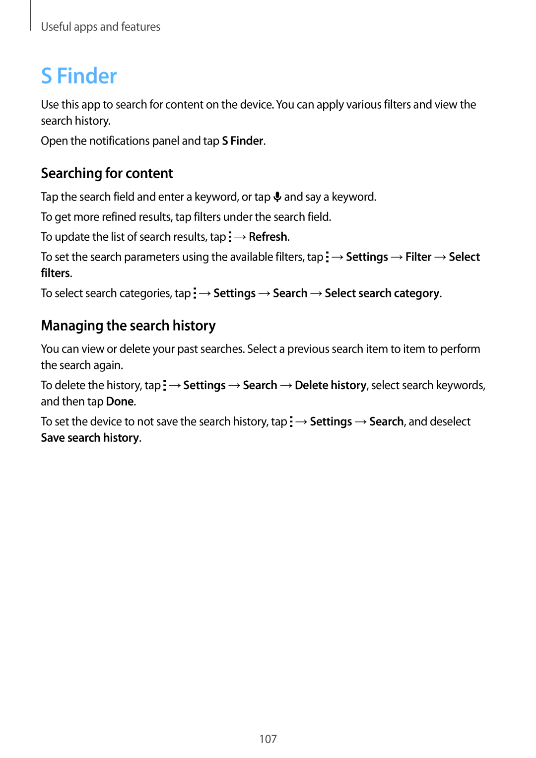 Samsung SM-T805NZWAAFR, SM-T805NZWAXEO, SM-T805NZWAATO manual Finder, Searching for content, Managing the search history 